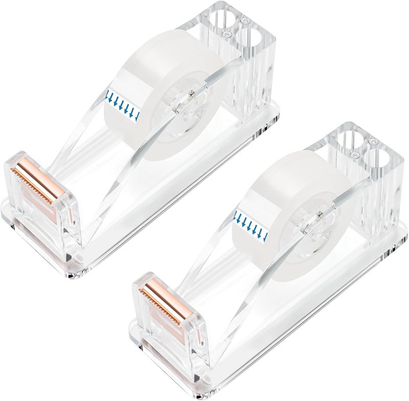 JEFURE 2 Pcs Transparent Acrylic Tape Dispenser, Non-Skid Tape Cutter Holder, Clear Tape Dispensers Bulk for Desk, Office, Home, School - Image 1